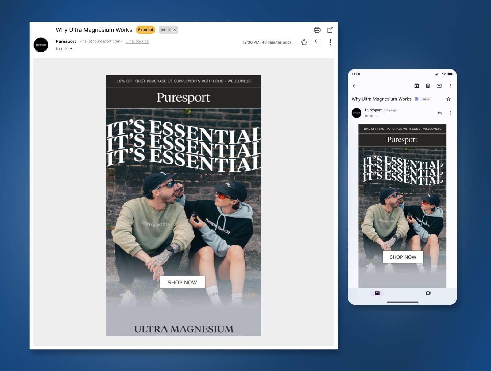 Puresport Ultra Magnesium email shown responsive on desktop Gmail and a mobile inbox