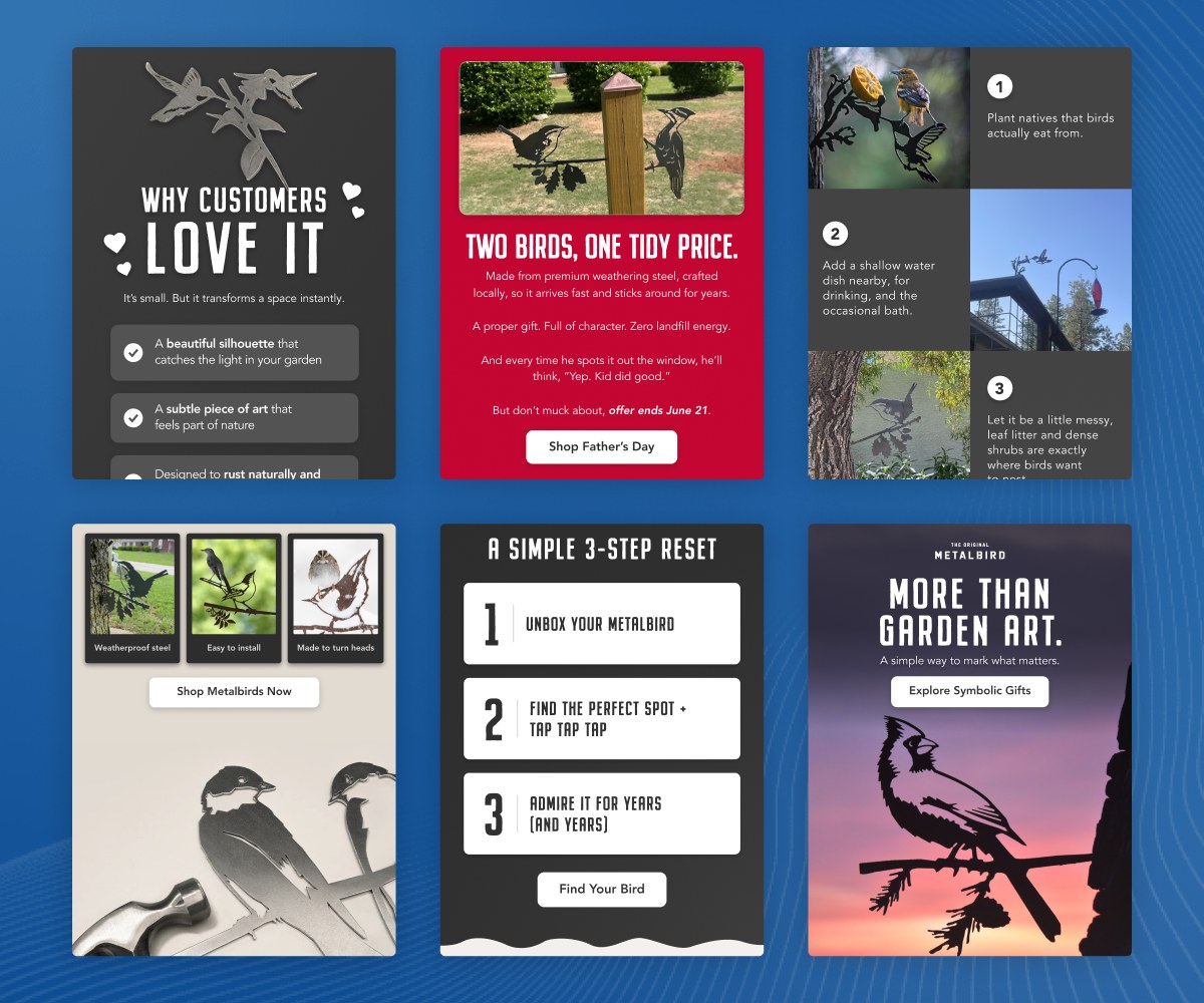 Collage of six Metalbird email designs across welcome, abandoned cart and seasonal campaigns