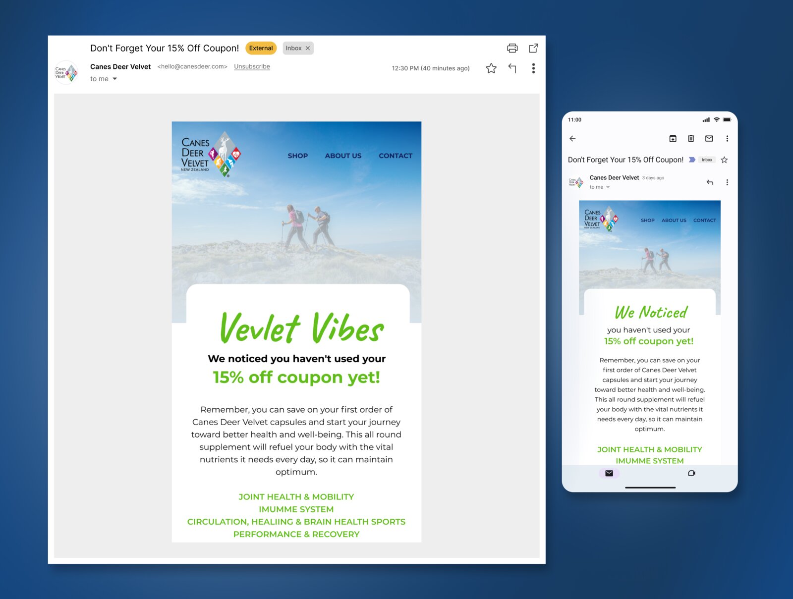 Canes Deer Velvet coupon email shown responsive on desktop Gmail and a mobile inbox
