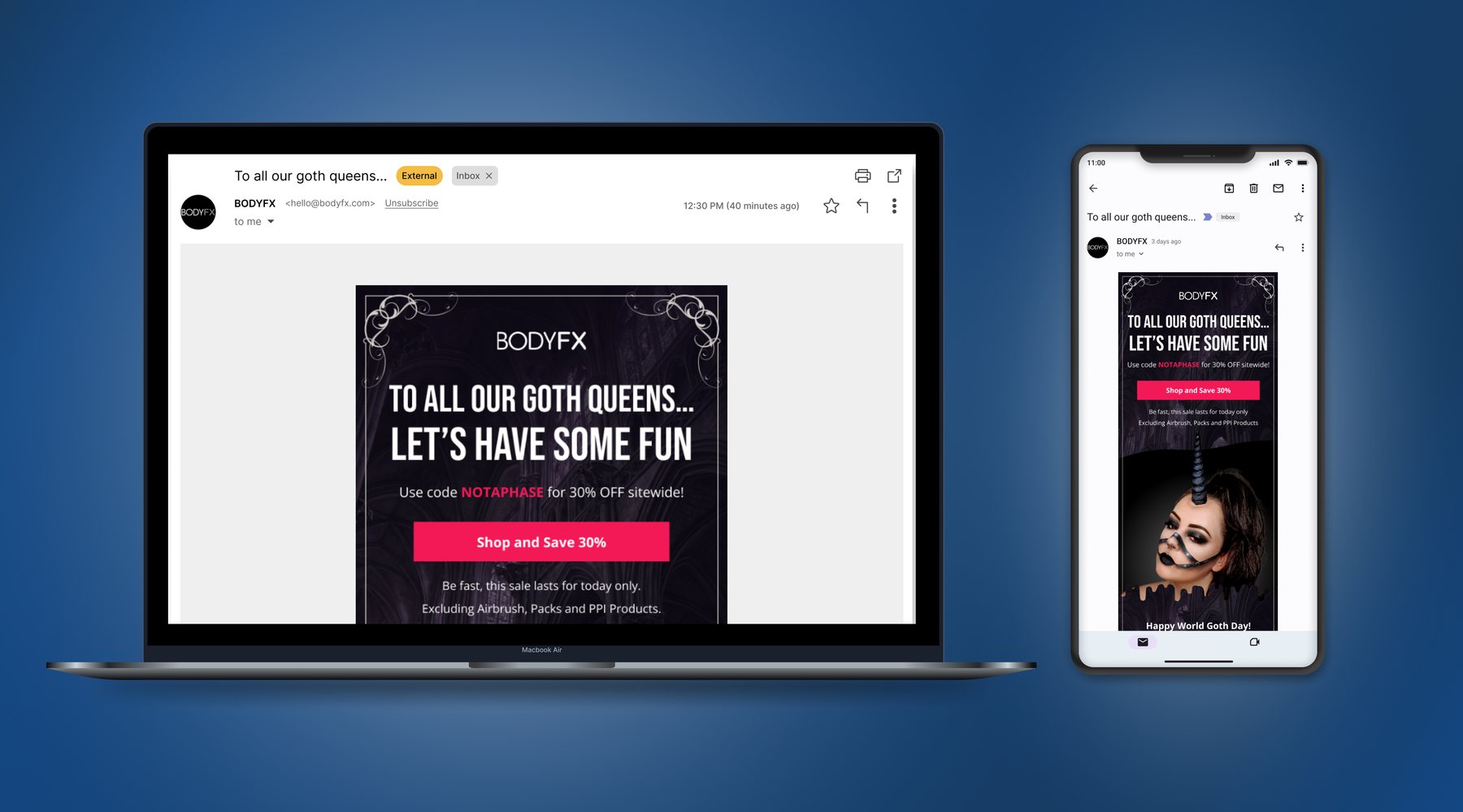 BODYFX Black Friday Klaviyo email displayed on laptop and mobile for responsive ecommerce email design