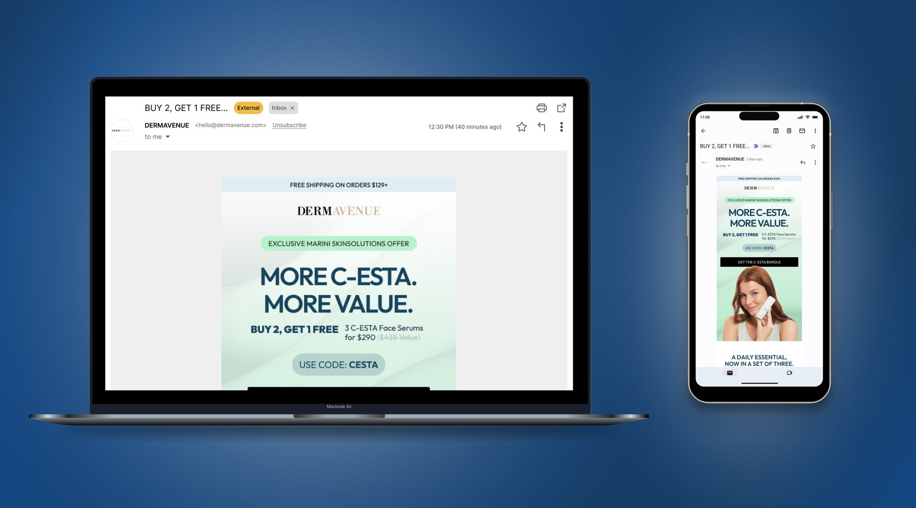 Dermavenue Klaviyo skincare email displayed on laptop and mobile for responsive ecommerce email design