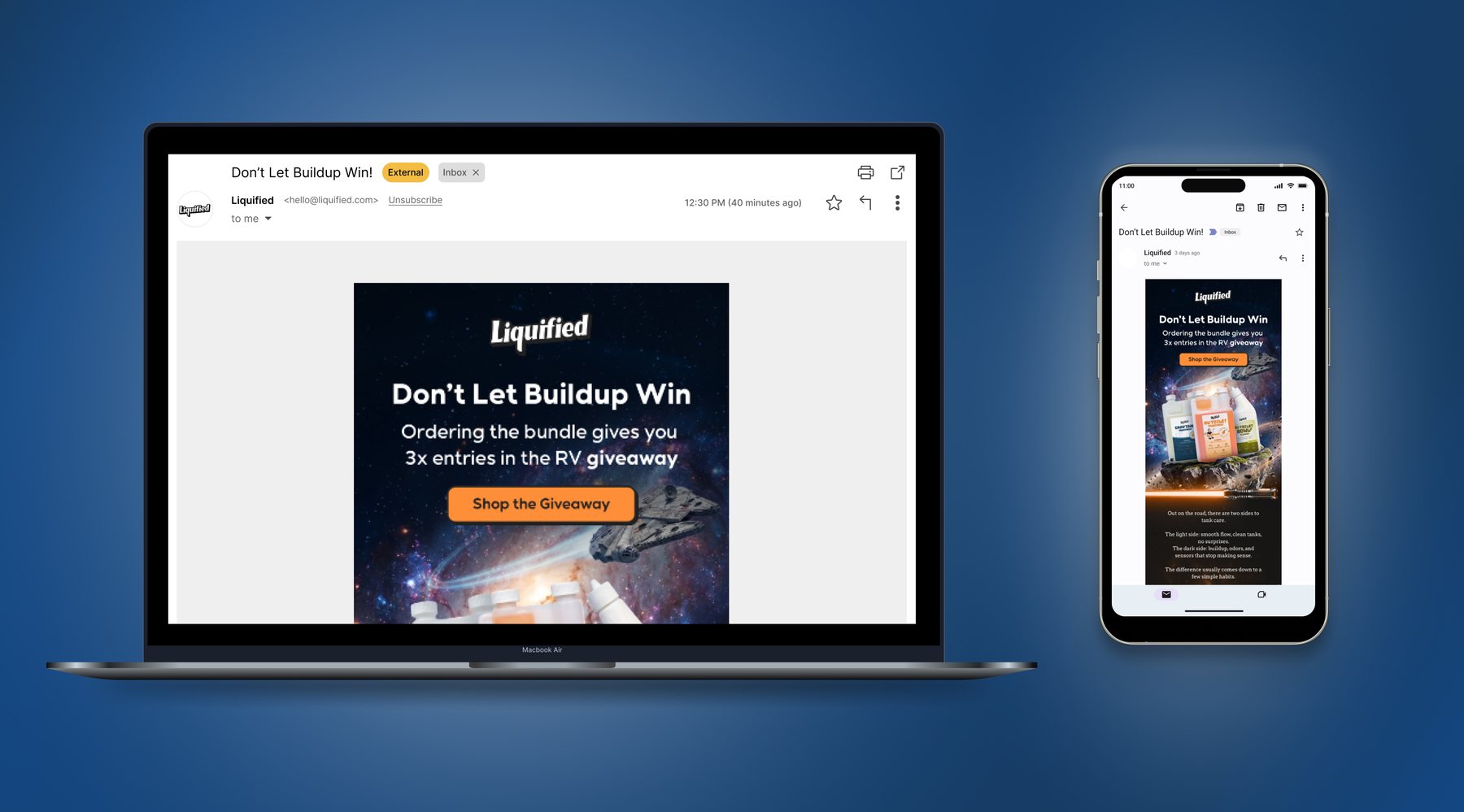 Liquified RV Klaviyo email campaign displayed on laptop and mobile for responsive ecommerce email design