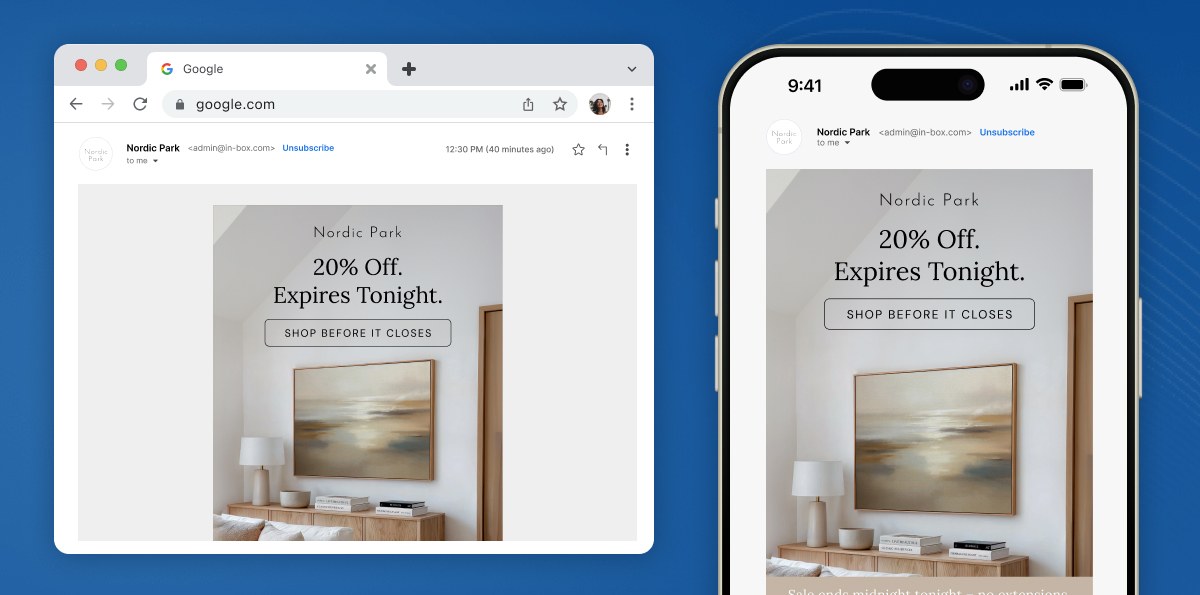 Nordic Park wall art email shown responsive side by side on desktop and mobile