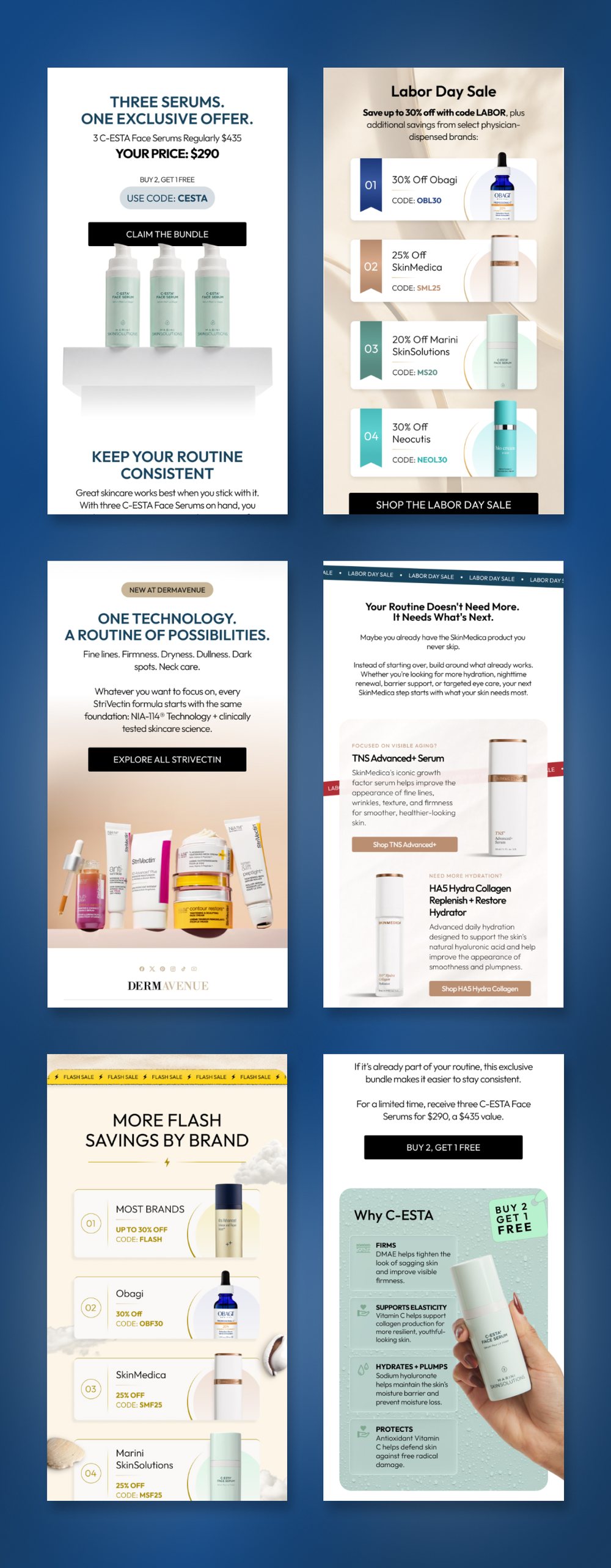 Collage of Dermavenue lifecycle email designs covering skincare education, product offers and automated flows