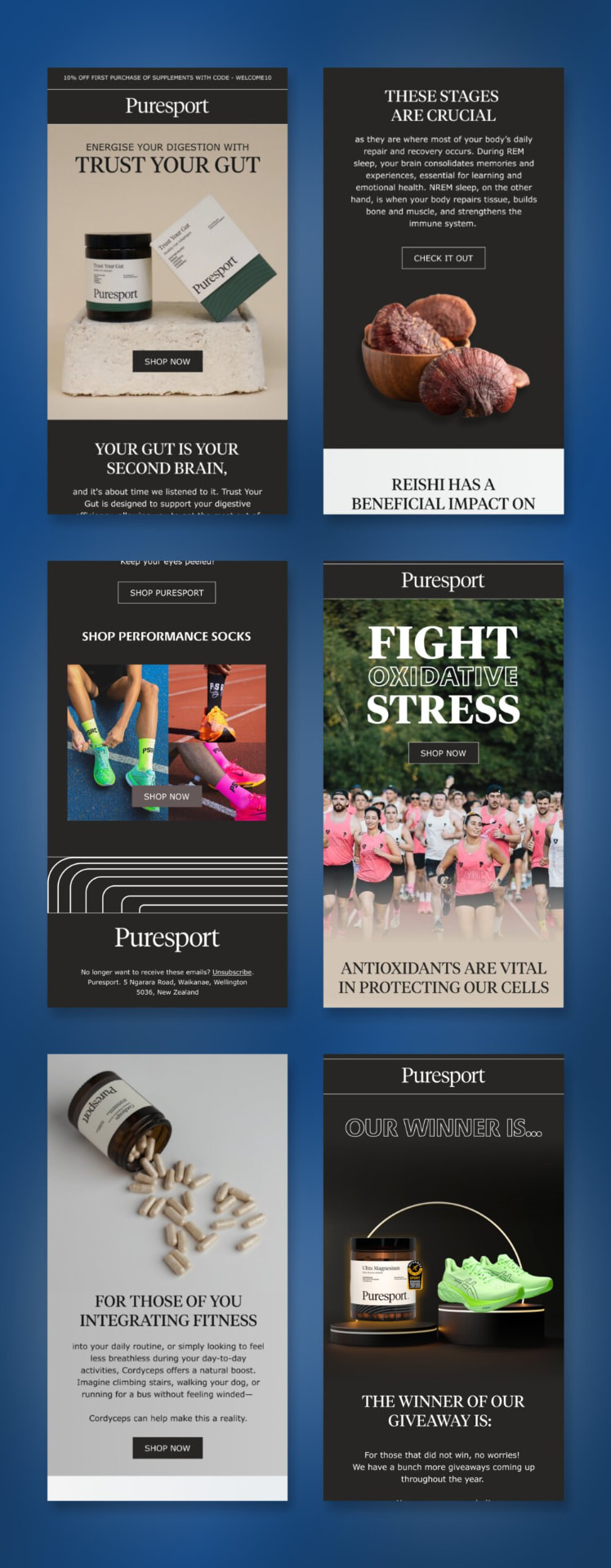 Collage of six Puresport lifecycle emails spanning education, replenishment and giveaway campaigns