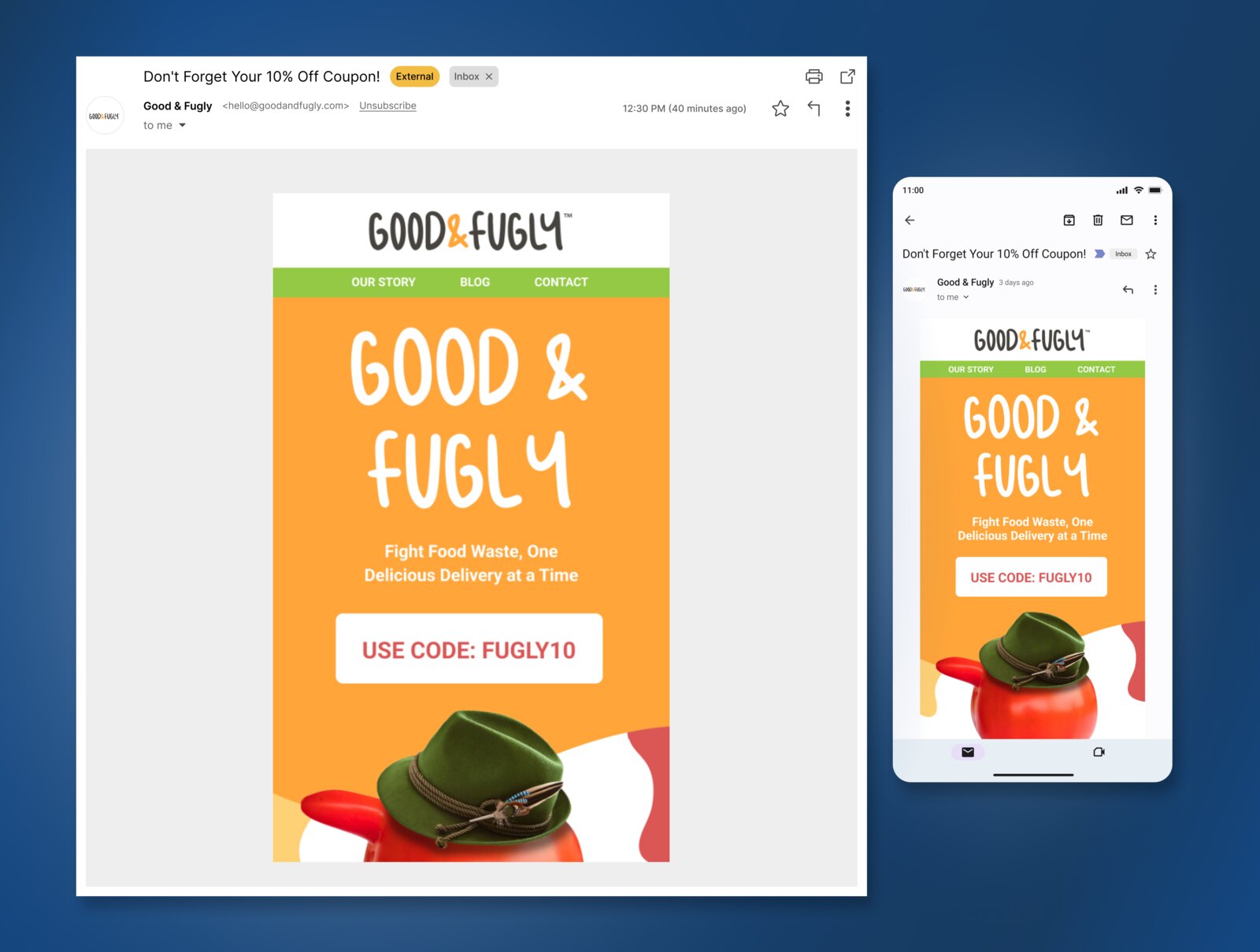 Good & Fugly 10% off coupon email rendered responsively on desktop Gmail and a mobile inbox