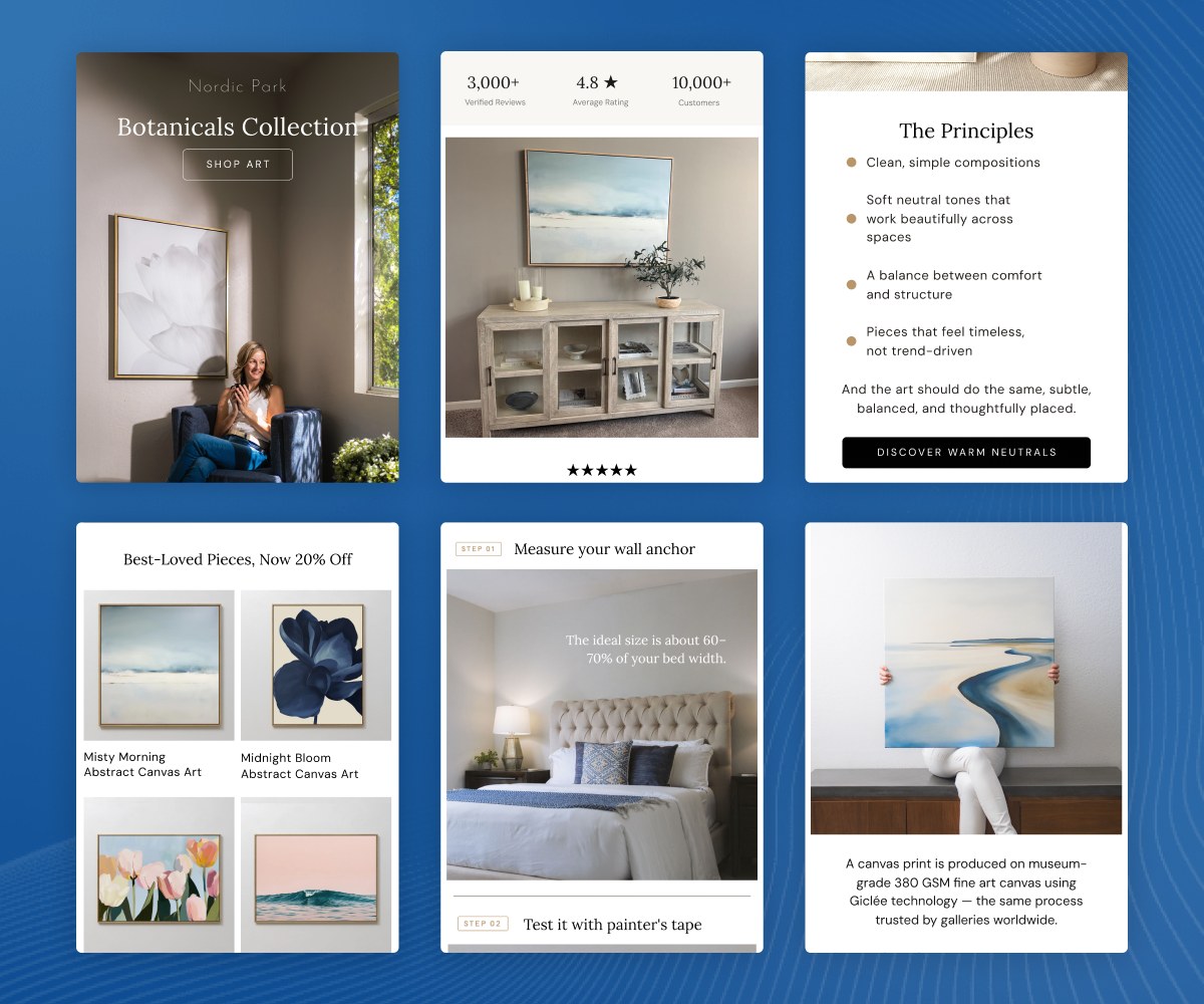Collage of six Nordic Park email designs covering seasonal sales, art sizing guides and styling content