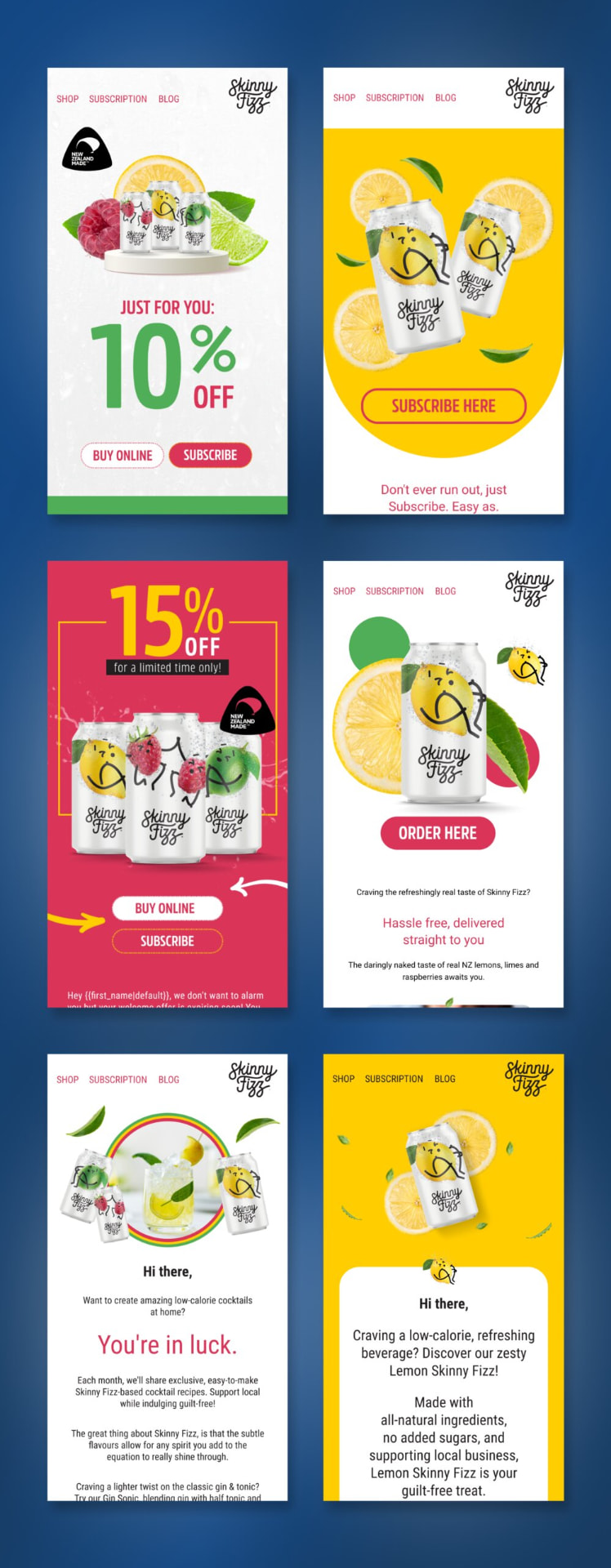 Collage of six Skinny Fizz email designs covering welcome, discount and subscription automation flows