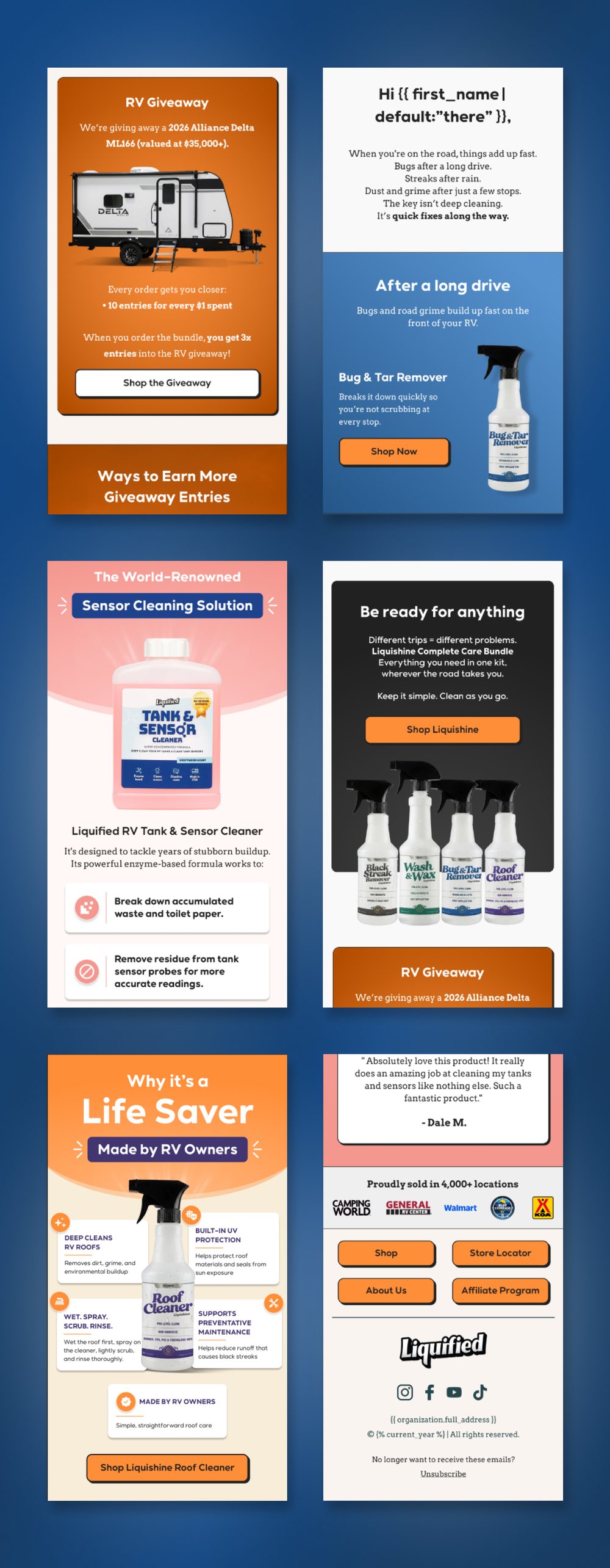 Collage of Liquified RV lifecycle email designs covering welcome, product education and promotional campaigns
