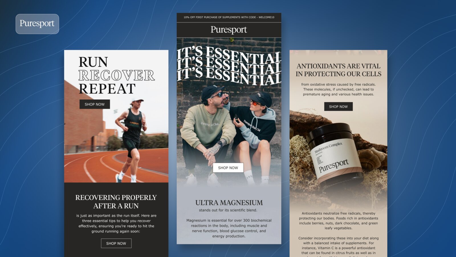 Puresport supplement email designs covering run recovery, Ultra Magnesium and antioxidant education content