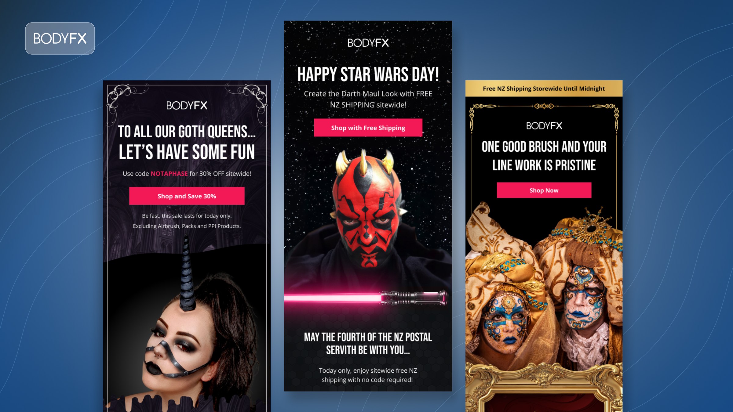 BODYFX Black Friday email design showing tiered discount offer and face paint product imagery