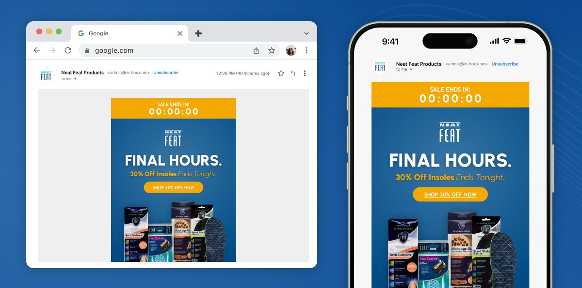 Neat Feat foot care email shown responsive side by side on desktop and mobile