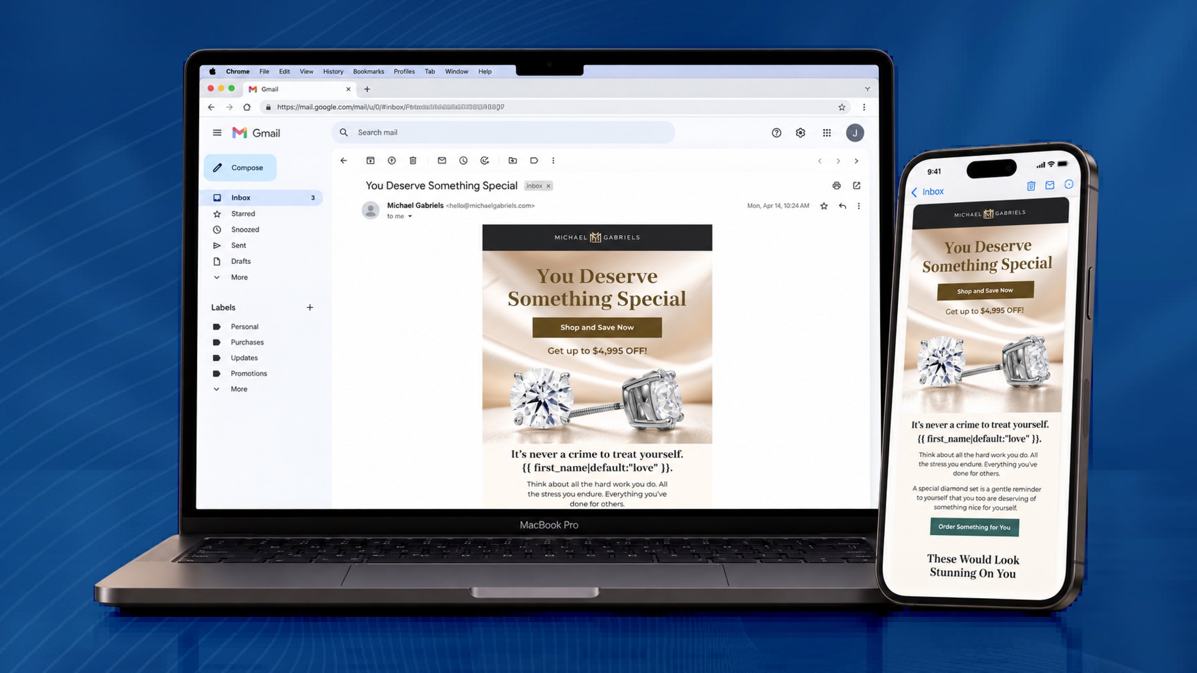Michael Gabriels responsive jewellery email campaign displayed in Gmail on desktop and a mobile phone