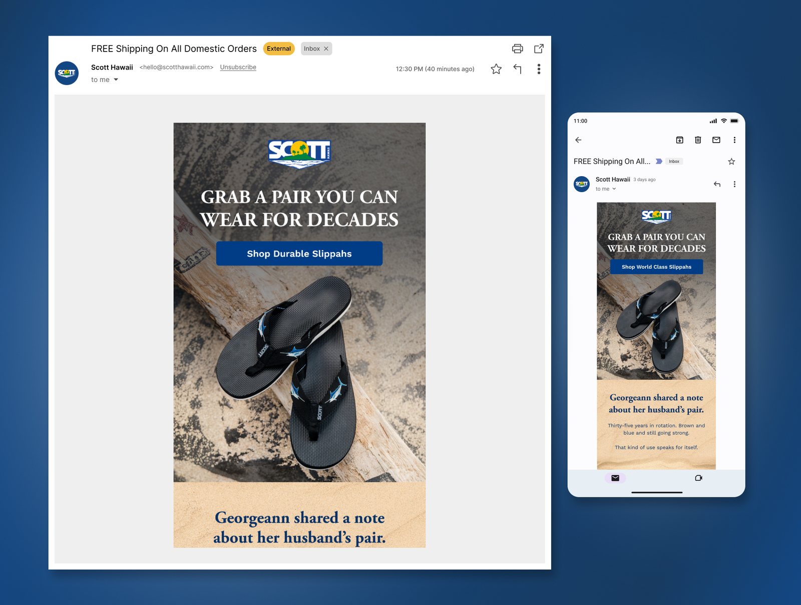 Scott Hawaii heritage footwear campaign shown in desktop Gmail and a mobile inbox
