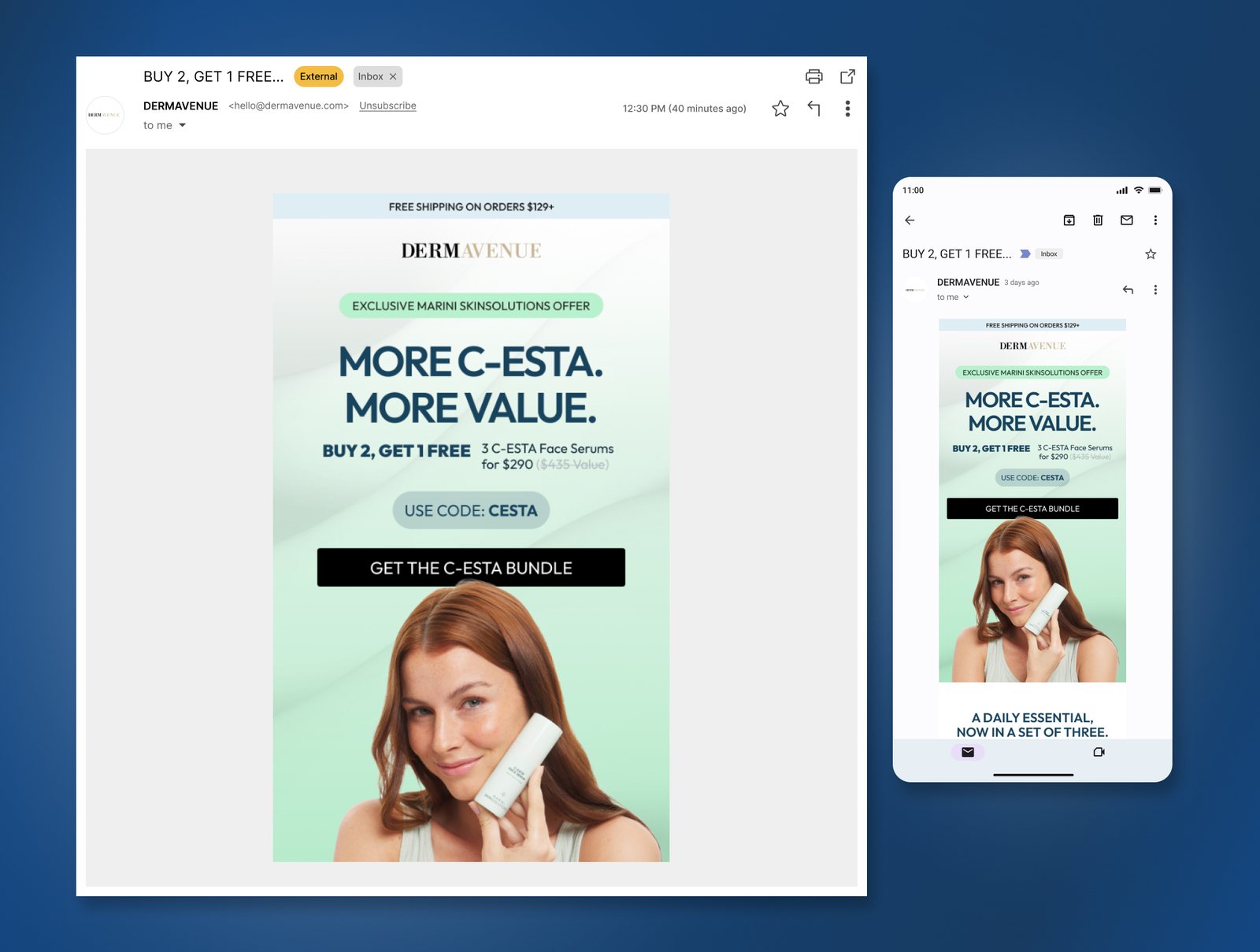 Dermavenue skincare bundle campaign shown in desktop Gmail and a mobile inbox