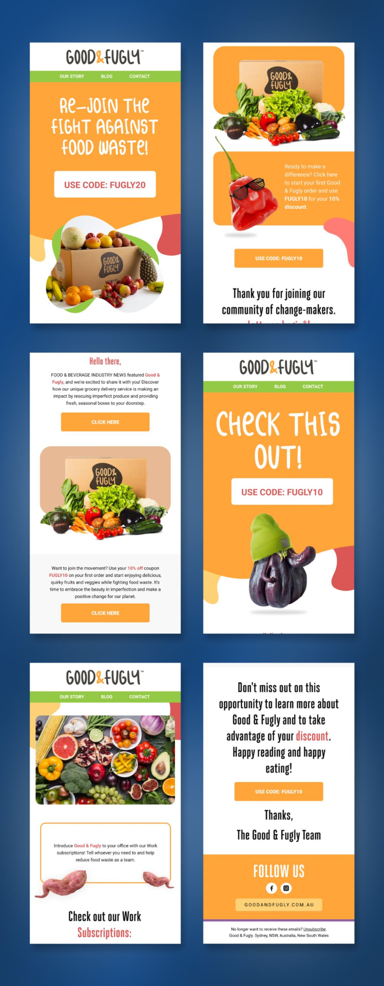 Collage of six Good & Fugly produce subscription emails across welcome, win-back and campaign sends