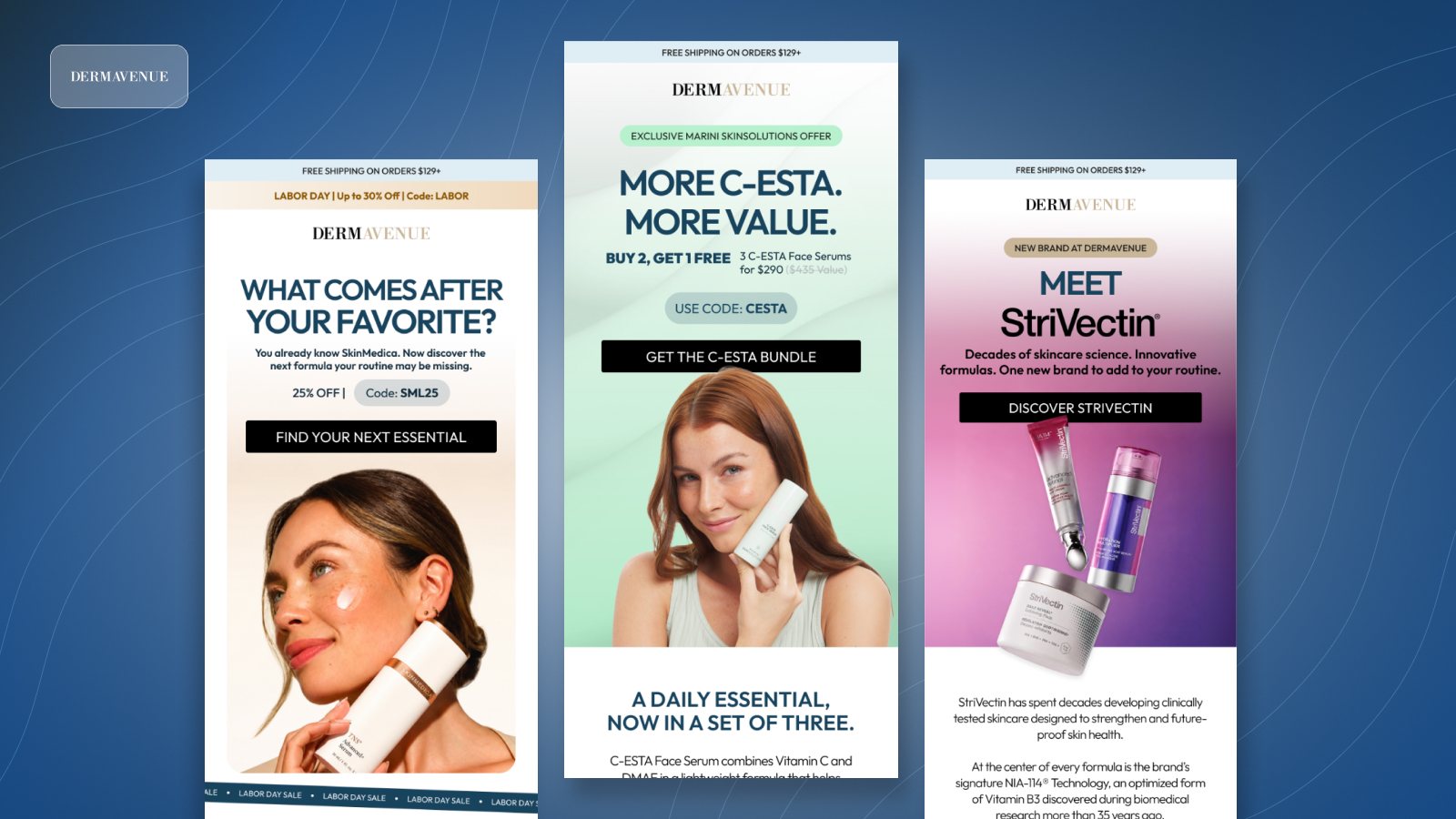 Dermavenue skincare email marketing designs featuring product education, bundles and customer retention campaigns
