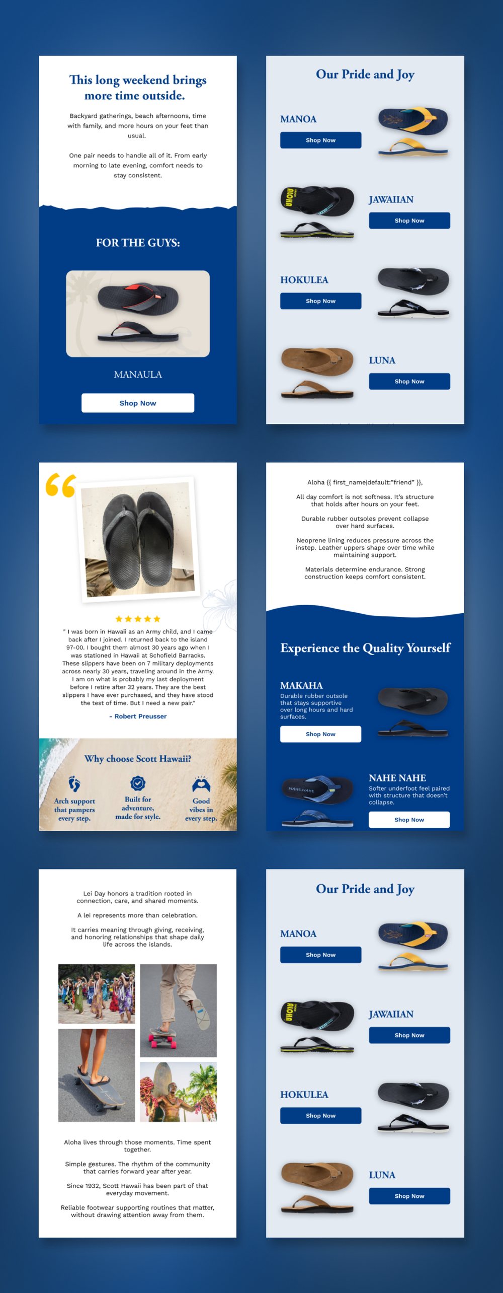 Collage of Scott Hawaii lifecycle email designs covering product education, seasonal campaigns and customer stories