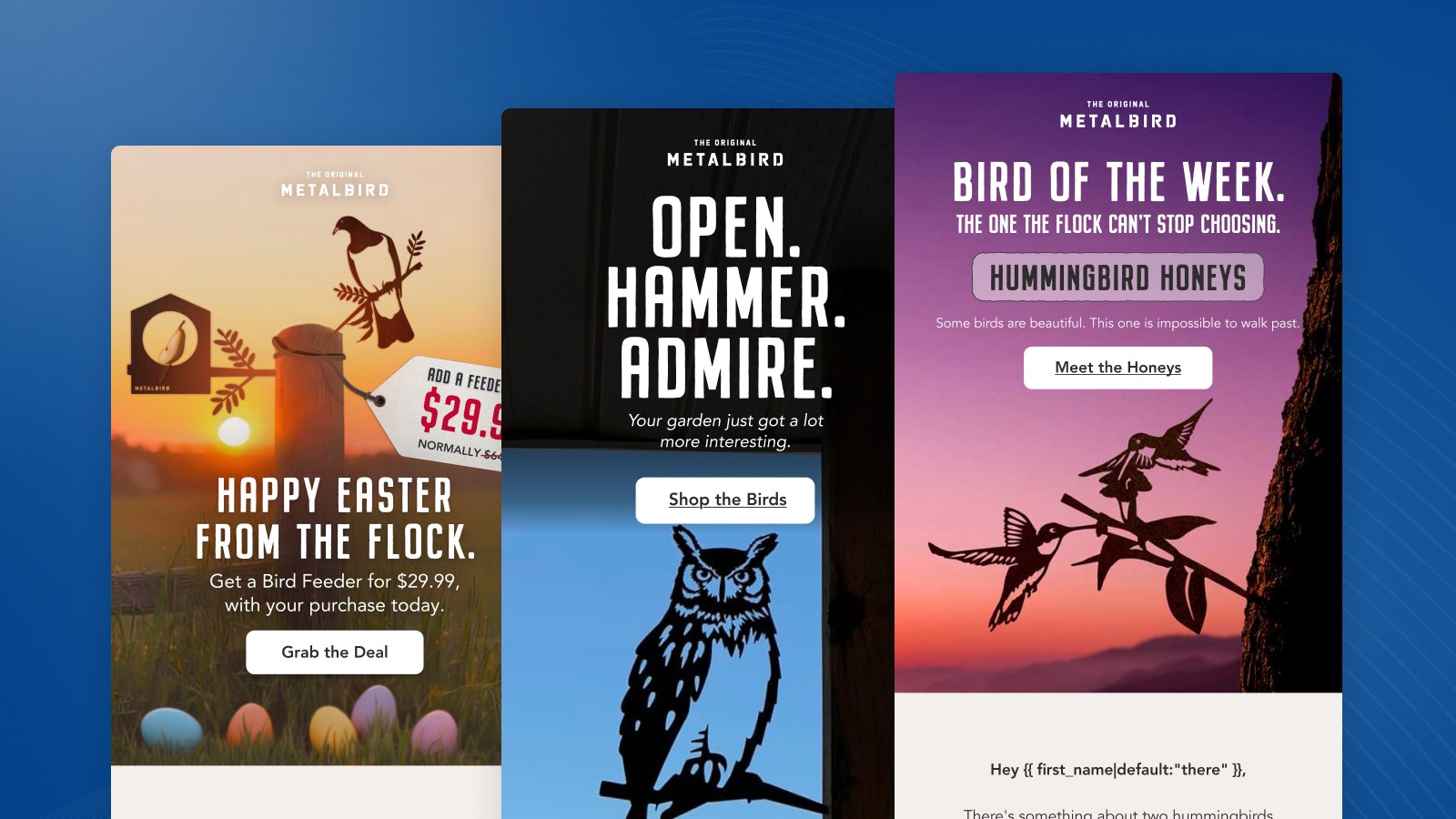 Metalbird Klaviyo email design featuring steel garden bird sculptures and a shop now call to action