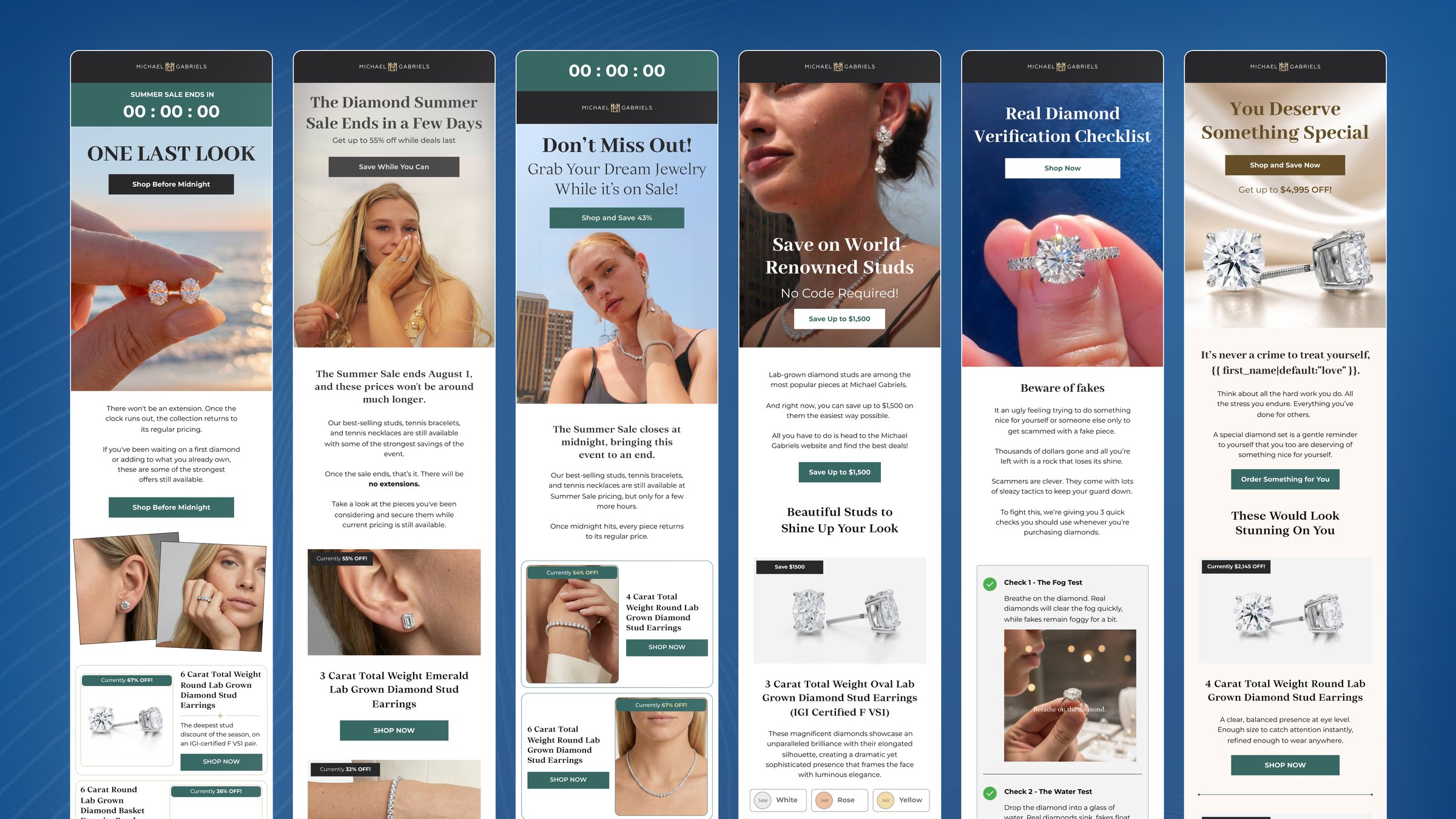 Michael Gabriels email campaign collection featuring lab-grown diamond rings, earrings and seasonal sale messaging