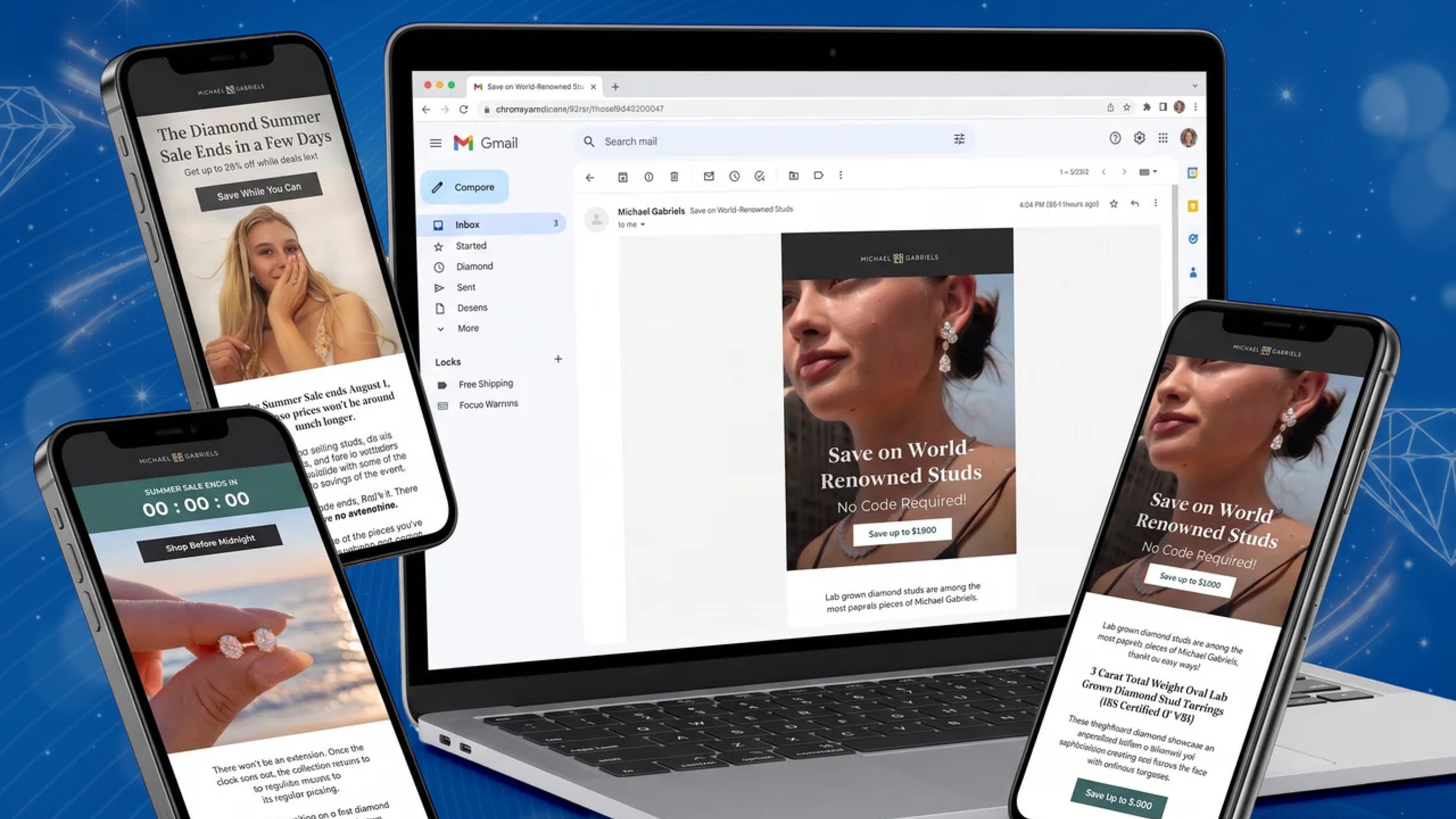 Michael Gabriels Klaviyo email marketing designs for lab-grown diamond jewellery seasonal campaigns on desktop and mobile