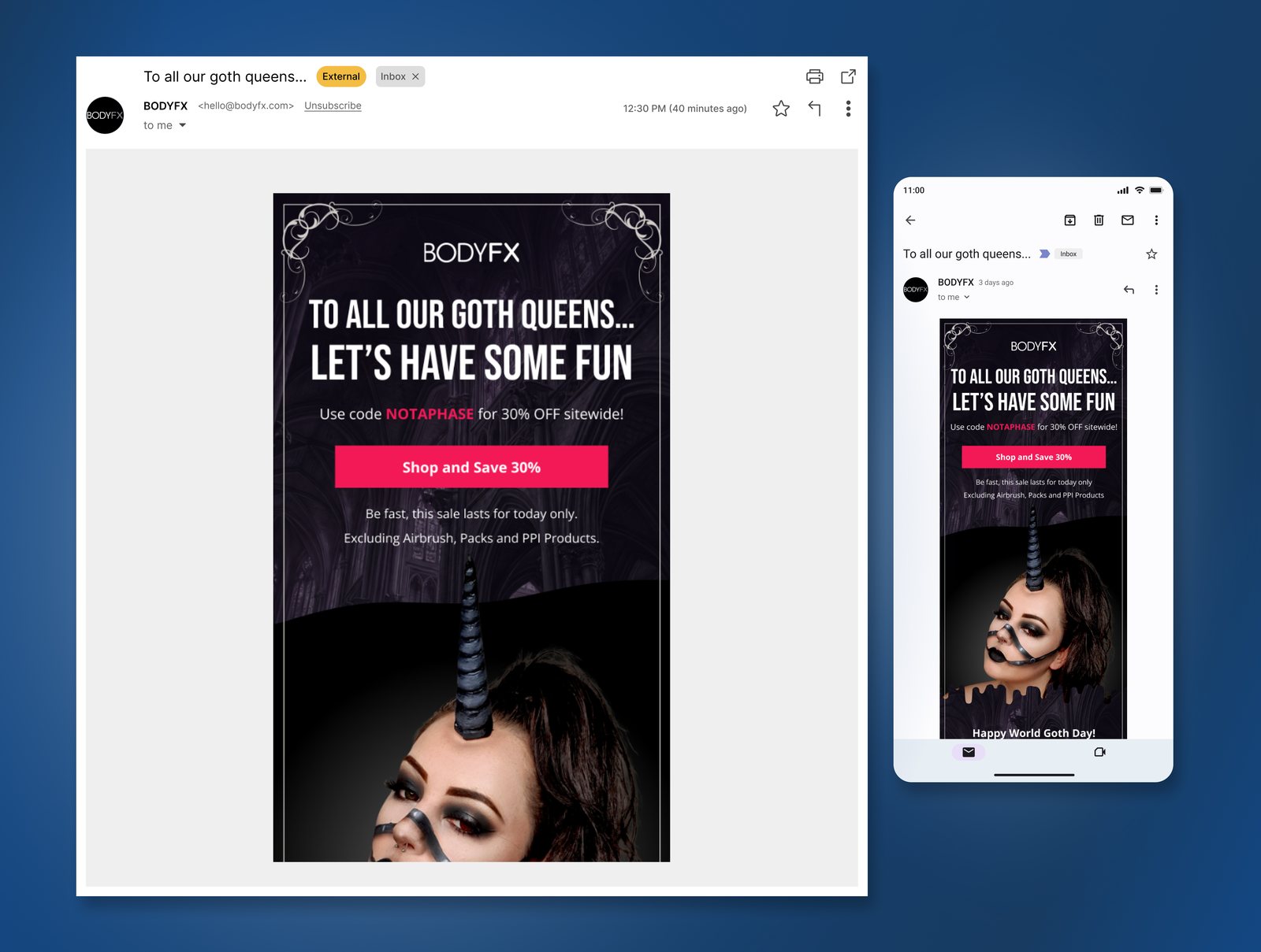 BODYFX Black Friday campaign shown in desktop Gmail and a mobile inbox with responsive promotional design