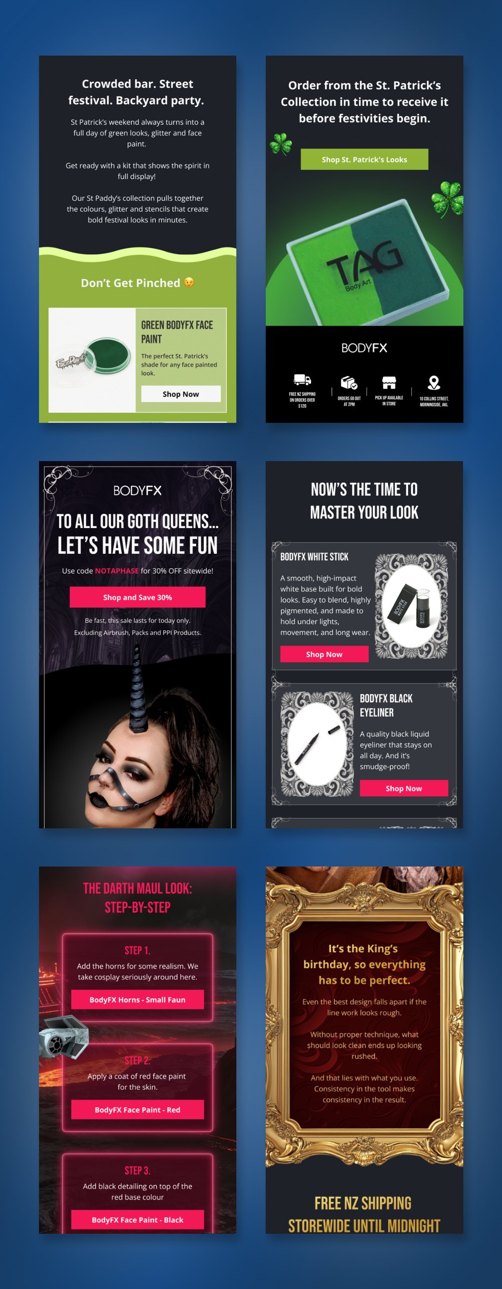 Collage of BODYFX Black Friday campaign emails covering early access, tiered offers and last chance sends