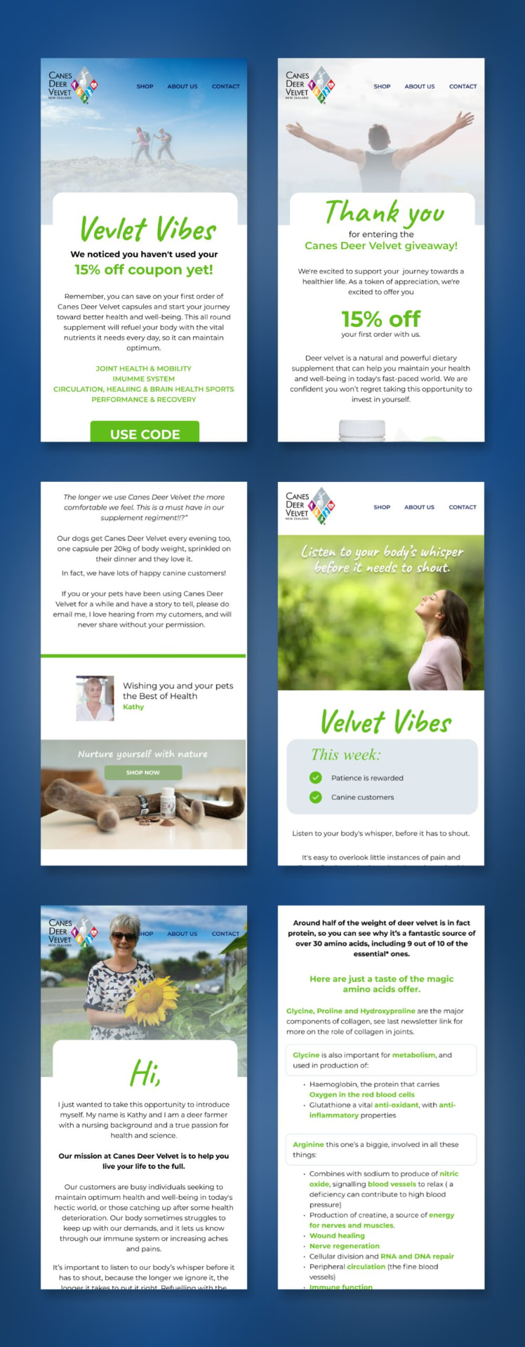 Collage of six Canes Deer Velvet Klaviyo emails across welcome, education and promotional flows