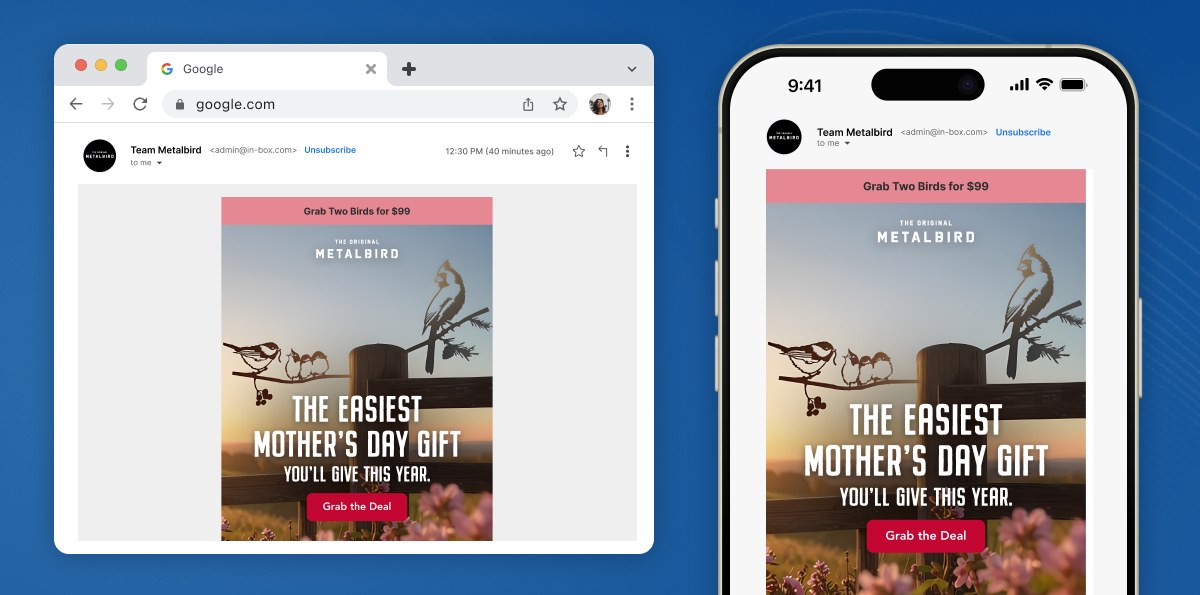 Metalbird garden art email shown responsive side by side on desktop and mobile