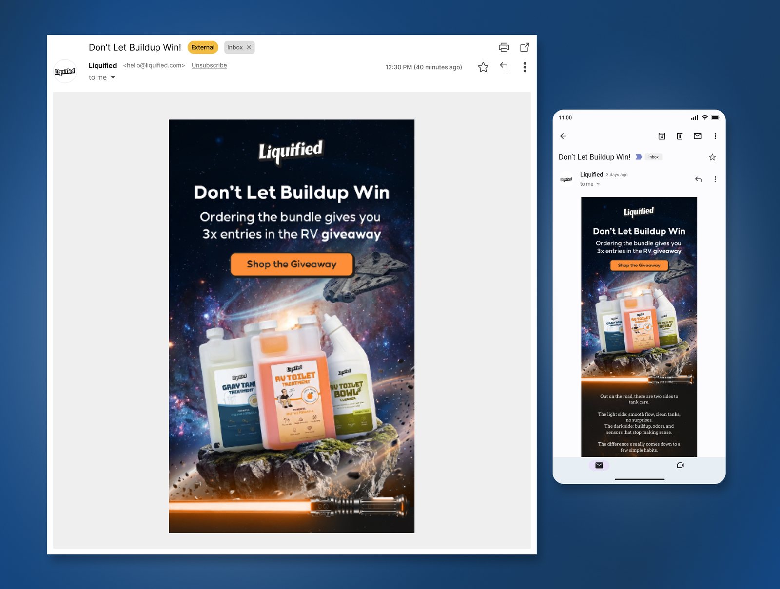 Liquified RV email design shown in desktop Gmail and a mobile inbox with responsive product messaging