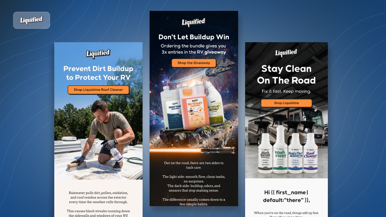 Liquified RV email marketing designs for RV tank treatment, product education and customer retention campaigns