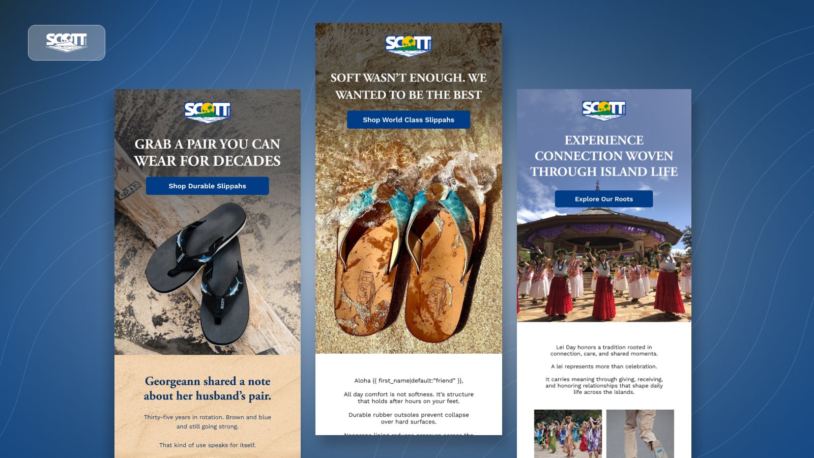 Scott Hawaii email marketing designs featuring Hawaiian sandals, brand heritage and comfort-led product campaigns