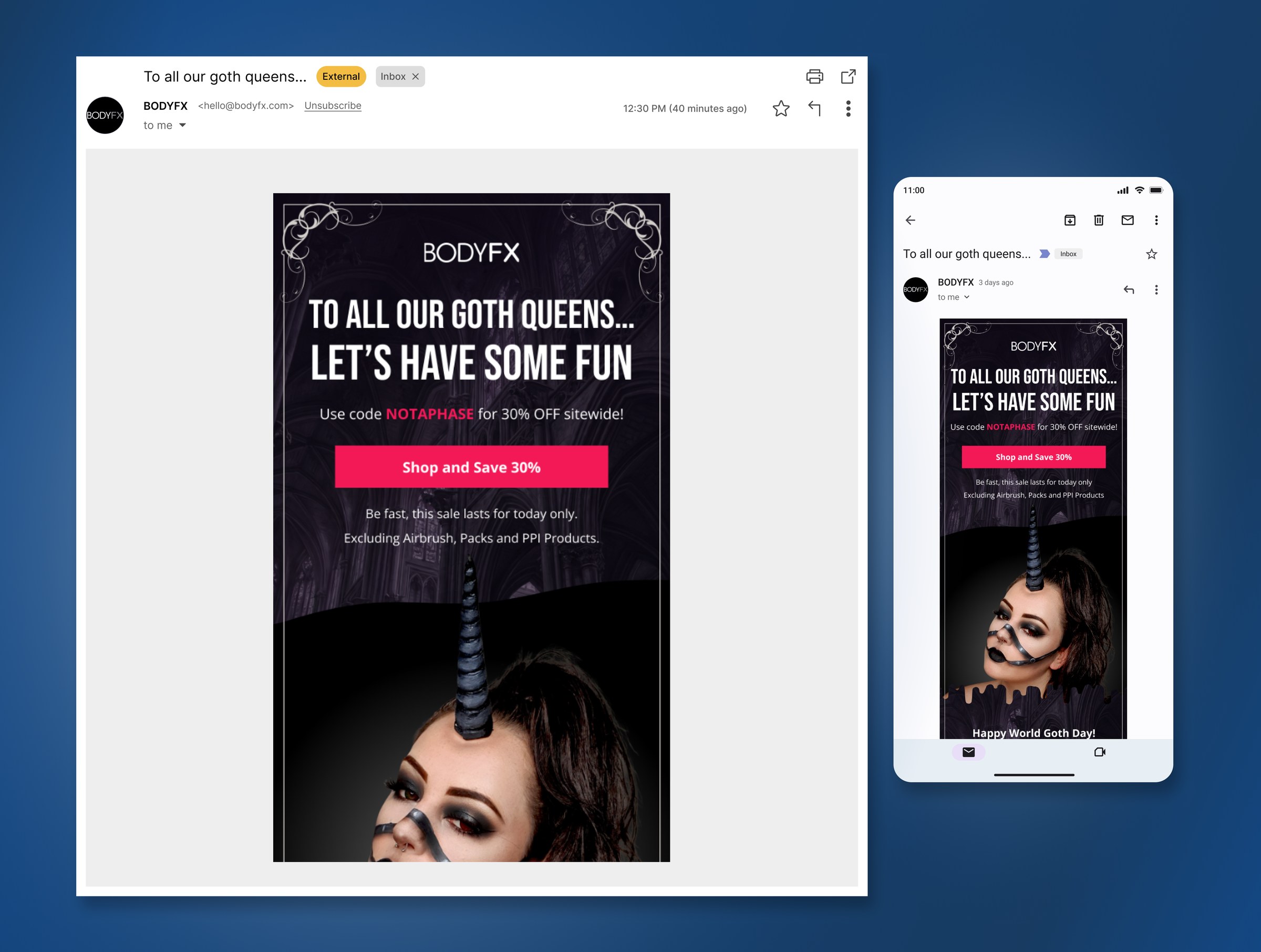 BODYFX Black Friday Klaviyo email shown responsive side by side on desktop and mobile