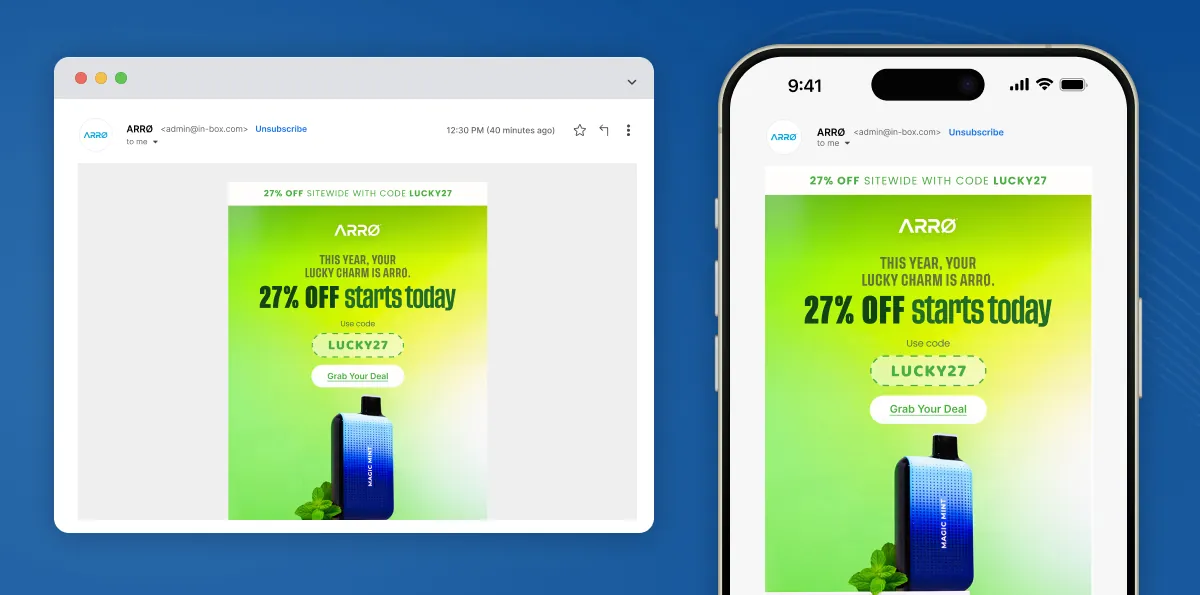 ARRØ 27% off St Patrick's Day email shown in a desktop inbox and on mobile, built and sent with Klaviyo by In-box