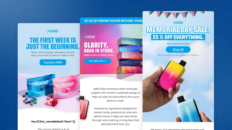 ARRØ Klaviyo email campaigns designed by In-box, including a Memorial Day sale, ARRO Ultra back-in-stock and onboarding email