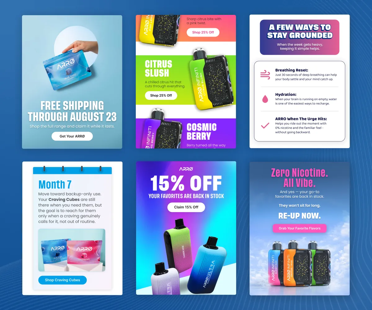Six ARRØ email designs by In-box: free shipping promo, flavour launch, wellness tips, Craving Cubes journey, 15% off restock and zero nicotine campaign