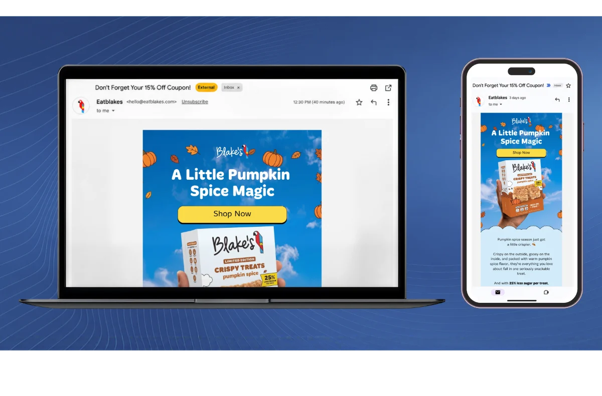 Eat Blake's Pumpkin Spice Crispy Treats email shown in a desktop inbox and on mobile, built and sent with Klaviyo by In-box