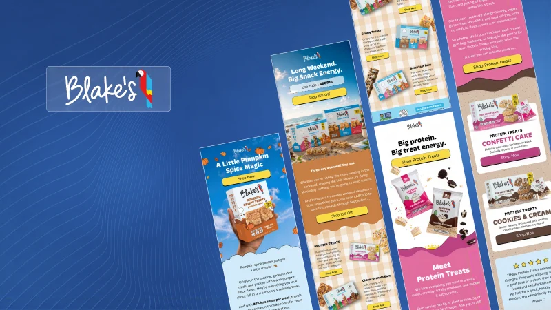 Eat Blake's Klaviyo email campaigns designed by In-box, including Pumpkin Spice Crispy Treats, Labor Day Snack Sale and Protein Treats launch emails