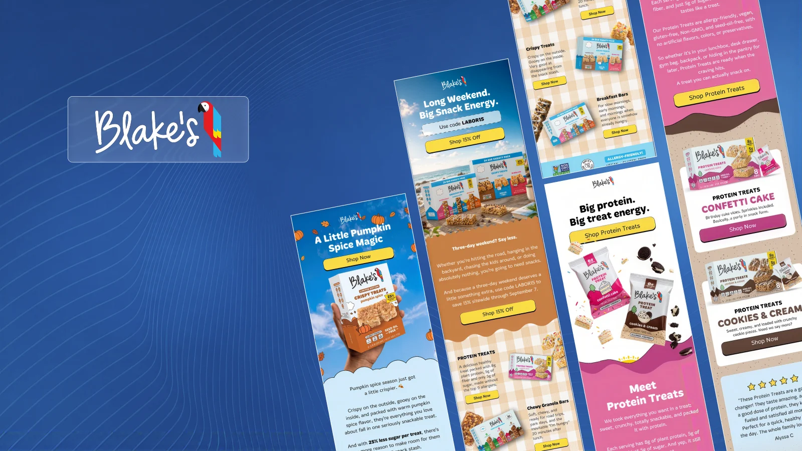Eat Blake's Klaviyo email campaigns designed by In-box, including Pumpkin Spice Crispy Treats, Labor Day Snack Sale and Protein Treats launch emails