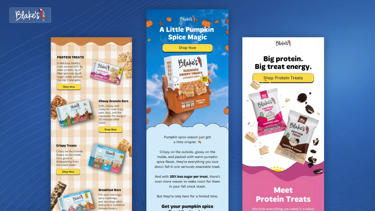 Three Eat Blake's email designs by In-box: Protein Treats product roundup, Pumpkin Spice Crispy Treats and Protein Treats launch
